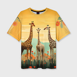 Женская футболка оверсайз Три жирафа в стиле фолк-арт