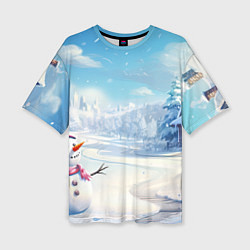 Женская футболка оверсайз Новогодний пейзаж снеговик