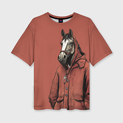 Футболка оверсайз женская Конь в красном пальто, цвет: 3D-принт