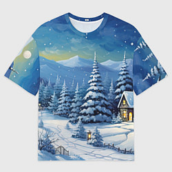 Женская футболка оверсайз Новогодние елки в снегу