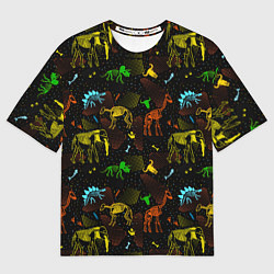 Женская футболка оверсайз Скелеты динозавров неон