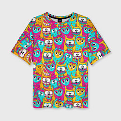 Женская футболка оверсайз Разноцветные совы