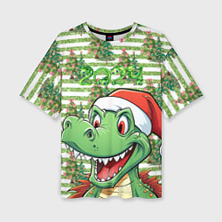 Женская футболка оверсайз Зеленый радостный дракон новогодний