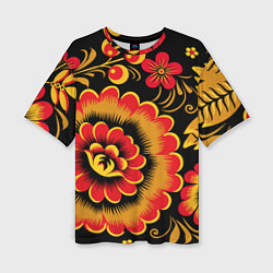 Женская футболка оверсайз Хохломская роспись красно-жёлтые цветы на чёрном ф