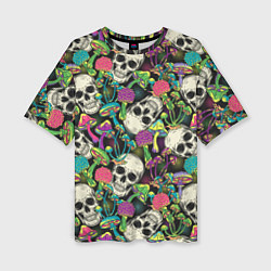 Женская футболка оверсайз Человеческие черепа с грибами