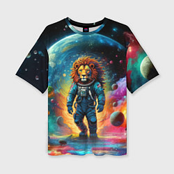 Женская футболка оверсайз Лев космонавт в неоновом космическом пространстве