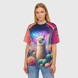 Футболка оверсайз женская Альпака в кактусах и портал, цвет: 3D-принт — фото 2