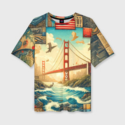 Женская футболка оверсайз Мост через реку и пэчворк - нейросеть арт USA brid