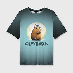 Женская футболка оверсайз Капибара с птичкой на голове