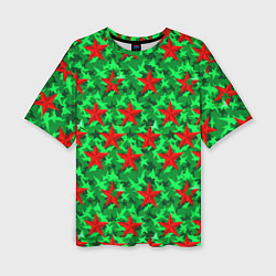 Женская футболка оверсайз Красные звезды победы на зеленом камуфляже