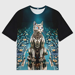 Футболка оверсайз женская Кибер кот сидит на печатной плате, цвет: 3D-принт