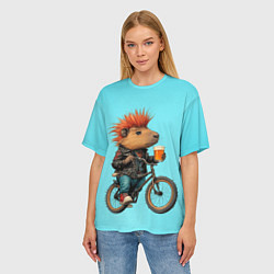 Футболка оверсайз женская Капибара байкер с ирокезом и пивом, цвет: 3D-принт — фото 2