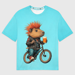 Футболка оверсайз женская Капибара байкер с ирокезом и пивом, цвет: 3D-принт