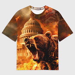 Футболка оверсайз женская Рычащий медведь на фоне огненного Капитолия, цвет: 3D-принт