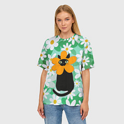 Футболка оверсайз женская Черный кот хиппи в костюме цветочка, цвет: 3D-принт — фото 2
