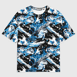 Женская футболка оверсайз Выдры в речке на волнах - паттерн