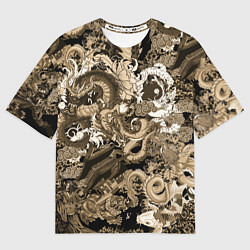 Женская футболка оверсайз Японские драконы с самураем в бежевом цвете