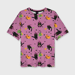 Женская футболка оверсайз Хэллоуин и кот ведьмы