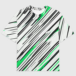 Женская футболка оверсайз Диагональные чёрно-зелёные полосы на белом фоне