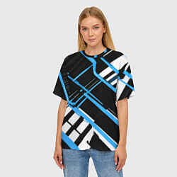 Футболка оверсайз женская Сине-белые линии на чёрном фоне, цвет: 3D-принт — фото 2