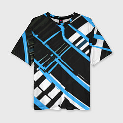 Женская футболка оверсайз Сине-белые линии на чёрном фоне