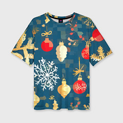 Футболка оверсайз женская Ёлочные игрушки и снежинки, цвет: 3D-принт