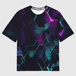 Футболка оверсайз женская Розово-голубые точки и линии на чёрном фоне, цвет: 3D-принт