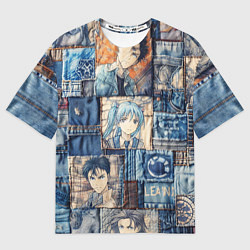 Женская футболка оверсайз Аниме деним-пэчворк