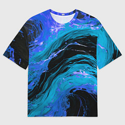 Футболка оверсайз женская Синие брызги на чёрном фоне, цвет: 3D-принт