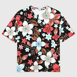 Футболка оверсайз женская Красно-белые цветы на чёрном фоне, цвет: 3D-принт