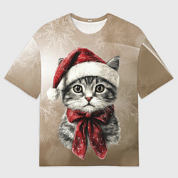 Футболка оверсайз женская Котик в новогоднем колпаке, цвет: 3D-принт