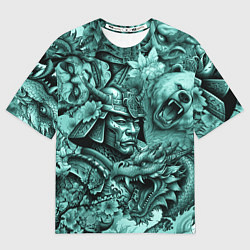 Женская футболка оверсайз Драконы самурай медведь и волк в стиле тату