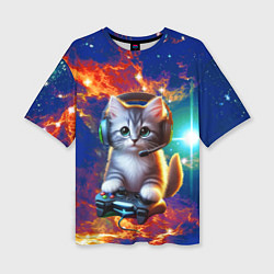 Женская футболка оверсайз Удивительный мир котёнка игромана