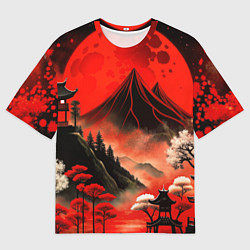 Футболка оверсайз женская Япония природа в красном цвете, цвет: 3D-принт