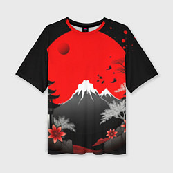 Футболка оверсайз женская Японская гора и красная луна, цвет: 3D-принт