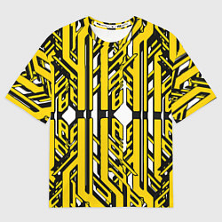 Футболка оверсайз женская Чёрно-жёлтые техно полосы на белом фоне, цвет: 3D-принт