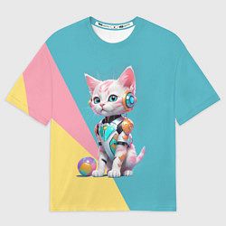 Женская футболка оверсайз Кибер котёнок с мячиком - милашка