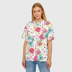 Футболка оверсайз женская Розы красные и бирюзовые, цвет: 3D-принт — фото 2