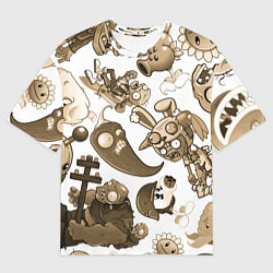 Женская футболка оверсайз Растения против зомби в бежевых тонах