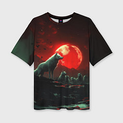 Футболка оверсайз женская Белый волк на фоне красной луны, цвет: 3D-принт