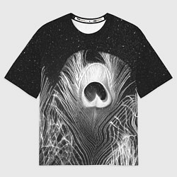 Футболка оверсайз женская Изогнутые белые перья павлина - чб иллюстрация, цвет: 3D-принт