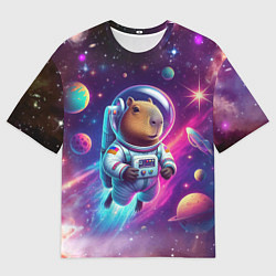 Женская футболка оверсайз Космонавт капибара в неоновом космосе