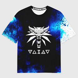 Женская футболка оверсайз Ведьмак лого синие краски