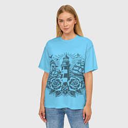 Футболка оверсайз женская Маяк с розами и кораблем, цвет: 3D-принт — фото 2