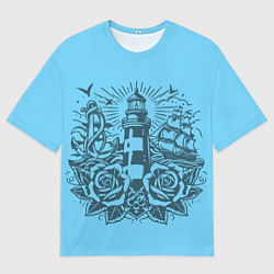 Женская футболка оверсайз Маяк с розами и кораблем