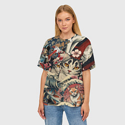 Футболка оверсайз женская Котики и рыбки в сакуре, цвет: 3D-принт — фото 2