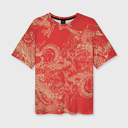 Футболка оверсайз женская Золотые драконы на красном, цвет: 3D-принт