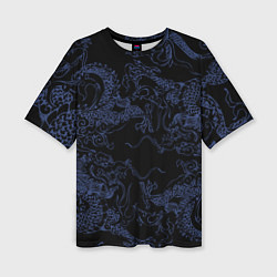 Женская футболка оверсайз Синий дракон на черном