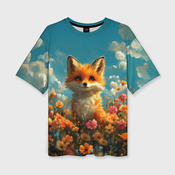 Футболка оверсайз женская Лисица в цветочном поле, цвет: 3D-принт