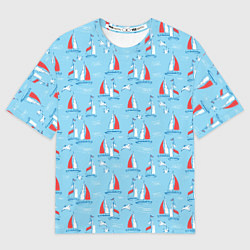 Женская футболка оверсайз Морской паттерн с парусными лодками и чайками